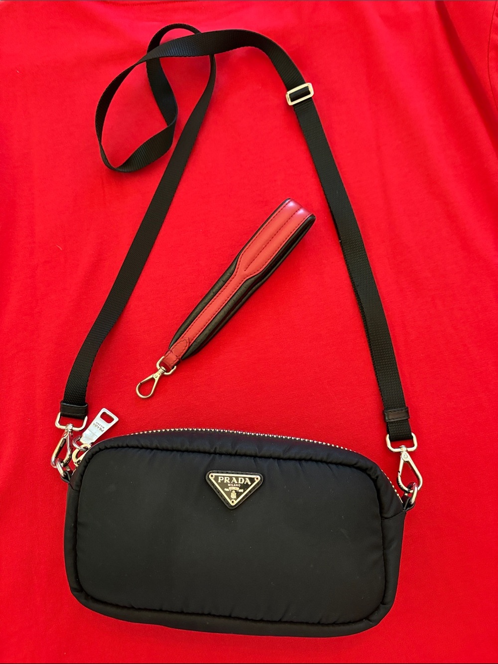 Prada Authentic Black Nylon Crossbody with Red Leather Wristlet Accent
